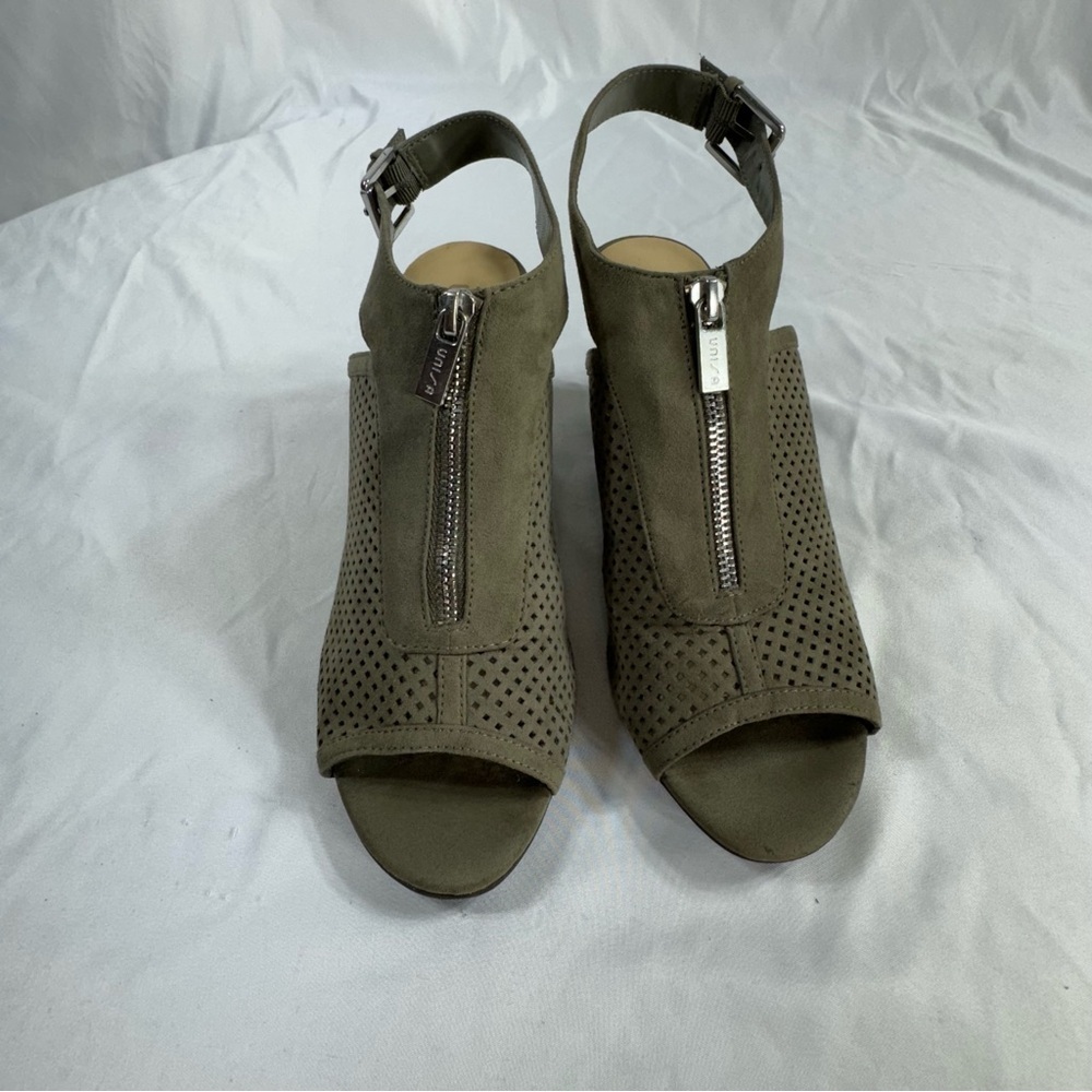 Unisa Faux Suede Unpaice Laser Cut Mesh Peep Toe Zipper Block Heels - Taupe - Picture 2 of 6
